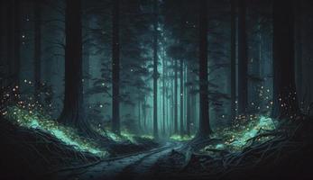 mystique forêt scène à nuit comme numérique art, produire ai photo