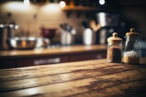 cuisine en bois table Haut avec brouiller Contexte. ai généré photo