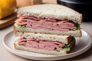 sandwich avec jambon, fromage et salade sur une blanc plaque. sandwich avec thon et des légumes. génératif ai photo