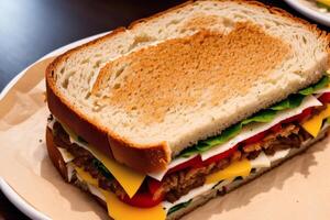 sandwich avec jambon, fromage et salade sur une blanc plaque. sandwich avec thon et des légumes. génératif ai photo