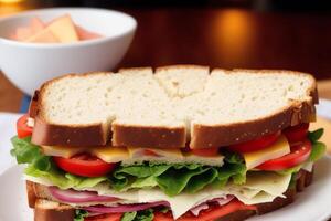 sandwich avec jambon, fromage et salade sur une blanc plaque. sandwich avec thon et des légumes. génératif ai photo