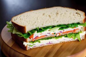 sandwich avec jambon, fromage et salade sur une blanc plaque. sandwich avec thon et des légumes. génératif ai photo