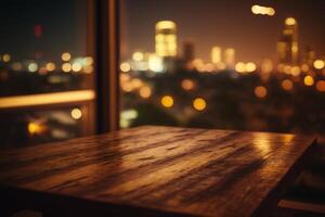 bois table Haut sur brouiller verre fenêtre mur bâtiment Contexte. ai généré photo