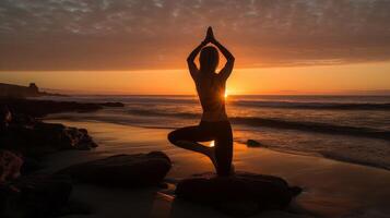 yoga pose sur plage et le coucher du soleil vue génératif ai photo