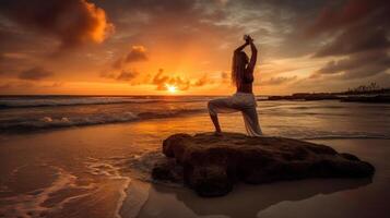 une fille Faire yoga pose sur plage et le coucher du soleil vue génératif ai photo