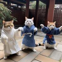 mignonne Trois chats portant Humain tuniques en jouant tai chi génératif ai photo