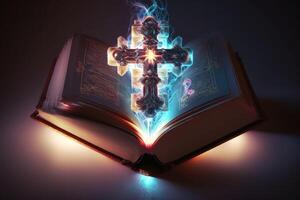 3d crucifix sur Bible livre aura lumière. ai généré photo