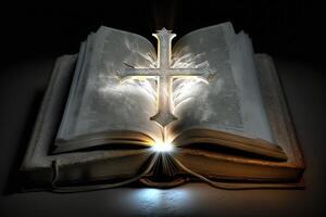 3d crucifix sur Bible livre aura lumière. ai généré photo