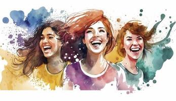 content femmes groupe pour international aux femmes journée bannière , aquarelle style illustration par génératif ai photo