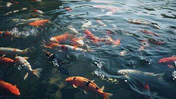 aérien vue de koi carpes nager dans étang. génératif ai. photo