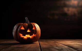 effrayant Halloween citrouille, jack o lanterne, avec un mal visage et yeux sur une en bois banc, table avec une brumeux nuit Contexte avec espace pour produit placement. génératif ai. photo