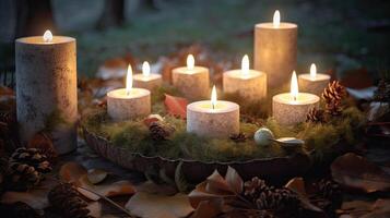 décoré avènement couronne de à feuilles persistantes branches avec blanc brûlant bougies, tradition dans le temps avant Noël, copie espace, choisi se concentrer. génératif ai. photo