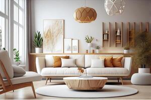 moderne intérieur conception de appartement, vivant pièce avec beige canapé plus de le blanc mur. en bois accent café tableau. Accueil intérieur . ai généré photo