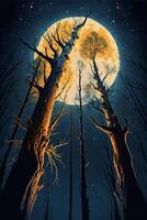 La peinture de des arbres avec une plein lune dans le Contexte. génératif ai. photo