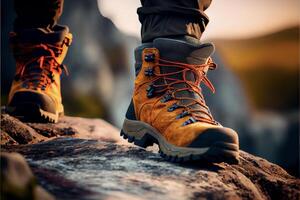 paire de randonnée bottes permanent sur une rock. génératif ai. photo