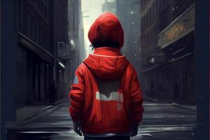 la personne dans une rouge veste en marchant vers le bas une rue. génératif ai. photo