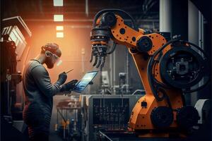 homme travail sur une portable dans une usine. génératif ai. photo