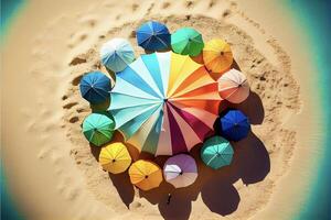 groupe de coloré parapluies séance sur Haut de une sablonneux plage. génératif ai. photo
