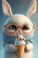 dessin animé lapin en mangeant un la glace crème cône. génératif ai. photo