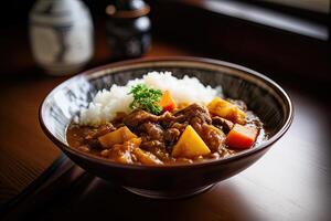 Japonais ordinaire curry riz patates, carottes, oignons et du boeuf dans épicé Jaune curry servi avec à la vapeur riz. génératif ai photo