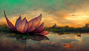 magnifique magnifique lotus avec vert feuilles dans étang contre le coucher du soleil ciel. génératif ai photo