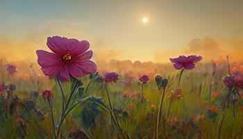 une cosmos fleur visage à lever du soleil dans champ, détaillé, coloré. génératif ai photo