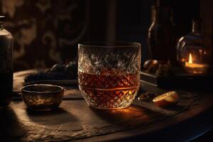 riches whisky dans une verre, prêt élégamment sur une en bois tableau. génératif ai photo