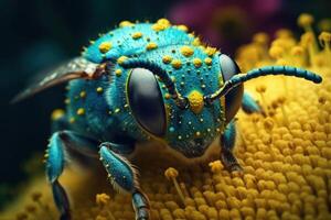 macro coup de une abeille, difficile à travail rassemblement nectar sur vibrant Jaune floraison. génératif ai photo