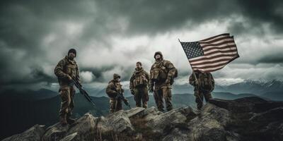 élite nous spécial les forces soldat des stands fier avant une drapeau, honorer le déchu. génératif ai photo