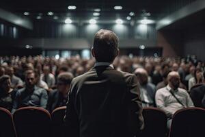 Publique orateur donnant parler dans conférence salle à affaires événement. génératif ai photo