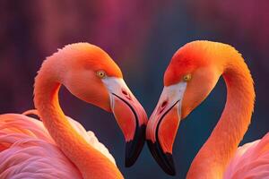 proche en haut portrait de deux flamant oiseau sur pastel coloré Contexte. génératif ai photo