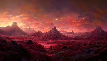 magnifique paysage de un inexploré planète, une fantaisie Montagne avec une caché la grotte et une plasma rouge ciel. génératif ai photo