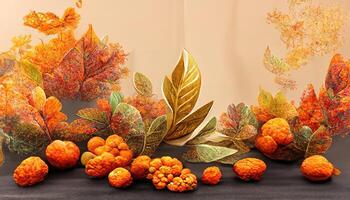 exceptionnel l'automne afficher podium décoration Contexte avec Orange feuilles, des arbres, cadeau boîte, produit afficher moquer en haut. génératif ai photo