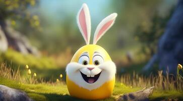 Pâques journée affiche, Jaune Oeuf personnage avec lapin affronter, souriant Heureusement. génératif ai photo