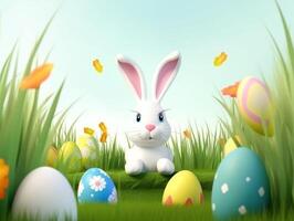 Pâques journée affiche, mignonne lapin personnage, décoré avec paysage et Pâques des œufs. génératif ai photo