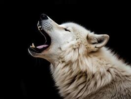 détaillé portrait de une rugissement blanc Loup affronter, sur foncé arrière-plan, génératif ai photo