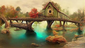Fée maison sur le rivière et en bois pont, manipulation de photo, 3d rendre, détaillé, coloré. génératif ai photo