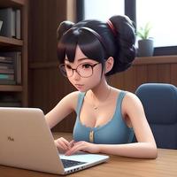 une mignonne fille travail sur ordinateur dans dessin animé style photo