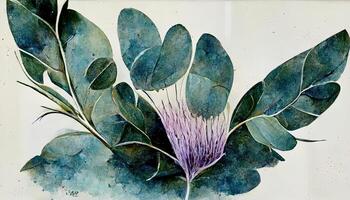 aquarelle eucalyptus feuilles et lavande fleur illustration, floral Cadre. génératif ai photo