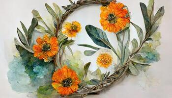 aquarelle floral cadre, frontière, couronne. Marguerite fleur, calendule, lavande, eucalyptus branches et feuilles. génératif ai photo