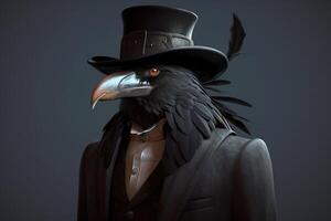 gentleman, patron noir corbeau dans une chapeau, costume et cravate. bannière entête. ai généré. photo