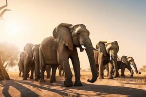 une troupeau de éléphants des promenades dans le journée de Afrique contre le toile de fond de une poussiéreux paysage de la nature. ai généré. photo