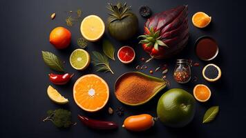 des fruits et des légumes sur une noir Contexte. en bonne santé nourriture concept. ai généré photo