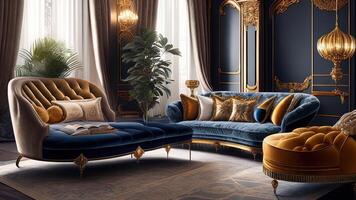 luxe Royal chambre intérieur avec d'or des murs, luxueux or meubles et draperie. ai généré photo