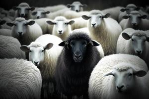 une noir mouton entourer avec Ordinaire blanc mouton métaphore à être exceptionnel ou unique. photo