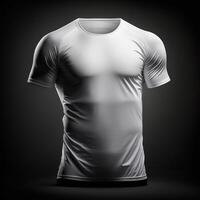 Vide blanc T-shirt maquette, fermer en haut blanc sport T-shirt sur foncé Contexte ,génératif ai photo