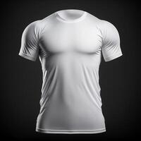 Vide blanc T-shirt maquette, fermer en haut blanc sport T-shirt sur foncé Contexte ,génératif ai photo