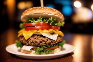 fermer de savoureux Hamburger avec fromage et des légumes sur noir Contexte. génératif ai photo