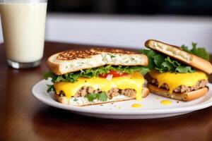 sandwich avec jambon, fromage et salade sur une blanc plaque. sandwich avec thon et des légumes. génératif ai photo