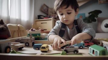 ai génératif mignonne peu les enfants en jouant avec jouets dans le pièce ai généré ouvrages d'art photo